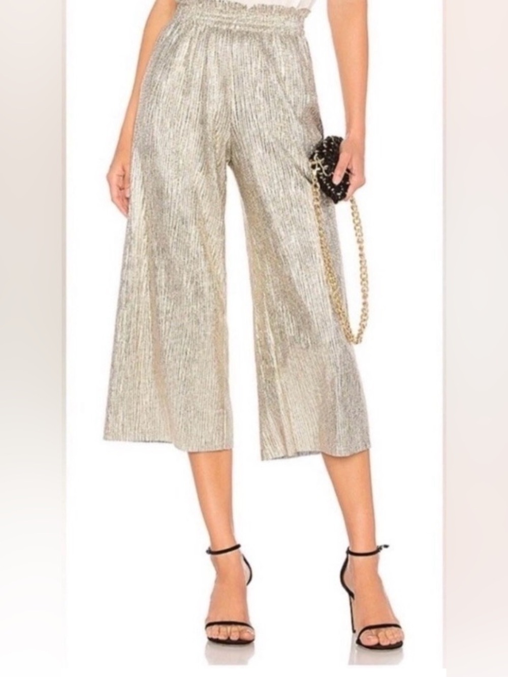 Alice + Olivia Elba Metallic Plisse Pull-on Cropped Wide-leg Pants. Size 2